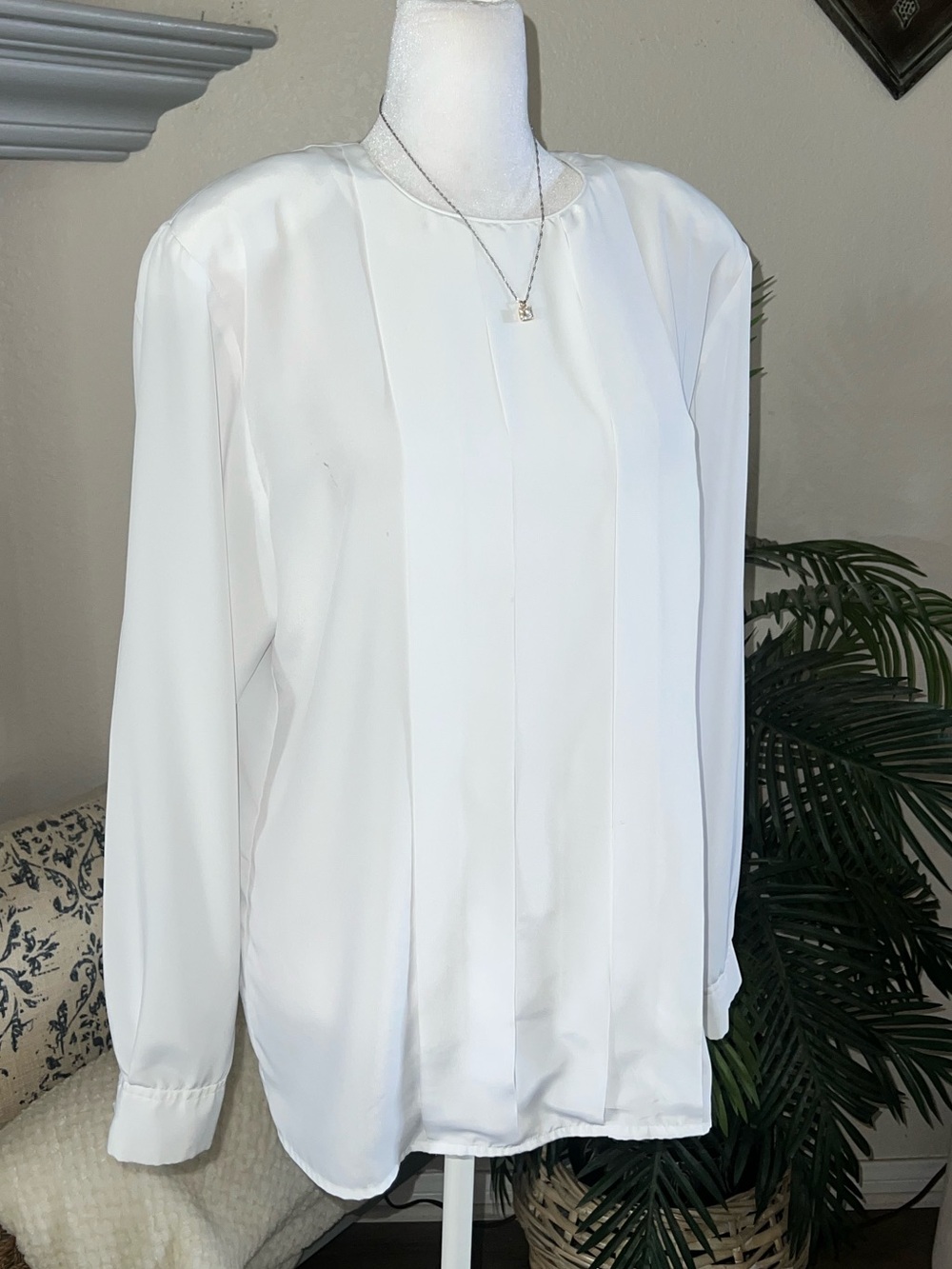 Christian Dior Vintage White Pleated Front Long-Sleeve Blouse Back Button Detail